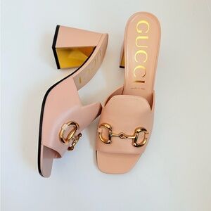 Gucci Rose Pink leather Baby Horsebit block heel 70mm open toe mules EU 41.5
